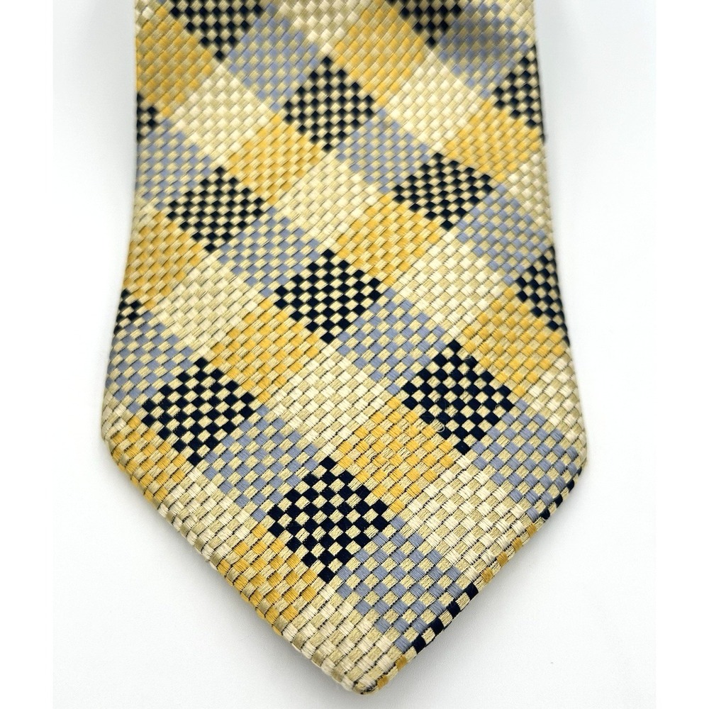 Carlo Palazzi Studio 100% Silk Wide Made USA Mens Necktie Gold Blue Plaid 4W 60L